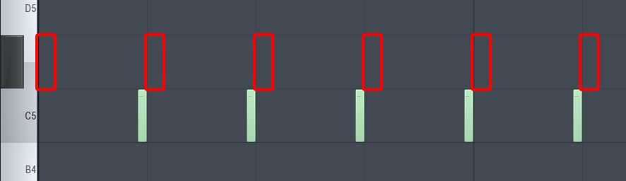 The green are the midi notes that get recorded and the red boxes are where they are supposed to be.  Notice the first note is missing because it's probably timeclocked prior to the beginning of the recording.
